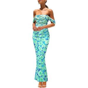 imagePRETTYGARDEN Maxi Dresses for Women 2025 Summer Elegant Floral Off Shoulder Ruched Mesh Cocktail Wedding Guest DressLight Green Daisy
