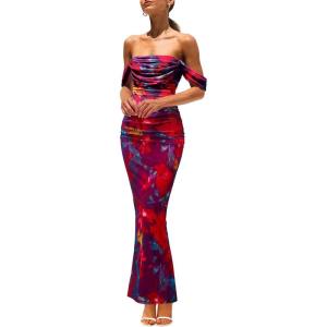 imagePRETTYGARDEN Maxi Dresses for Women 2025 Summer Elegant Floral Off Shoulder Ruched Mesh Cocktail Wedding Guest DressNavy Red Floral