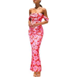 imagePRETTYGARDEN Maxi Dresses for Women 2025 Summer Elegant Floral Off Shoulder Ruched Mesh Cocktail Wedding Guest DressPink Daisy