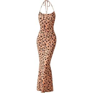 imagePRETTYGARDEN Maxi Dresses for Women 2025 Summer Halter Leopard Print Backless Sexy Bodycon Cocktail Beach Long DressKhaki Leopard