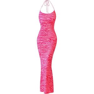 imagePRETTYGARDEN Maxi Dresses for Women 2025 Summer Halter Leopard Print Backless Sexy Bodycon Cocktail Beach Long DressZebra Rose Red