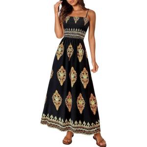 imagePRETTYGARDEN Summer Dress for Women 2025 Floral Sundress Spaghetti Strap Flowy Beach Vacation Boho Maxi DressesBlack Floral