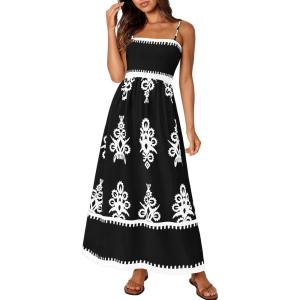imagePRETTYGARDEN Summer Dress for Women 2025 Floral Sundress Spaghetti Strap Flowy Beach Vacation Boho Maxi DressesBlack White Floral