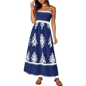 imagePRETTYGARDEN Summer Dress for Women 2025 Floral Sundress Spaghetti Strap Flowy Beach Vacation Boho Maxi DressesDark Blue White Floral