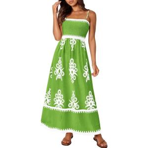 imagePRETTYGARDEN Summer Dress for Women 2025 Floral Sundress Spaghetti Strap Flowy Beach Vacation Boho Maxi DressesGreen Floral