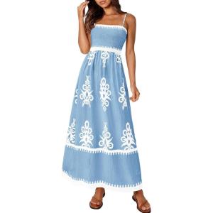 imagePRETTYGARDEN Summer Dress for Women 2025 Floral Sundress Spaghetti Strap Flowy Beach Vacation Boho Maxi DressesLight Blue White Floral
