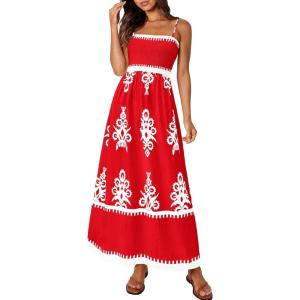 imagePRETTYGARDEN Summer Dress for Women 2025 Floral Sundress Spaghetti Strap Flowy Beach Vacation Boho Maxi DressesRed White Floral