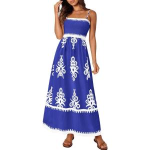 imagePRETTYGARDEN Summer Dress for Women 2025 Floral Sundress Spaghetti Strap Flowy Beach Vacation Boho Maxi DressesRoyal Blue White Floral