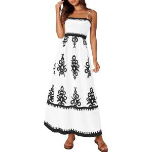imagePRETTYGARDEN Summer Dress for Women 2025 Floral Sundress Spaghetti Strap Flowy Beach Vacation Boho Maxi DressesWhite Black Floral