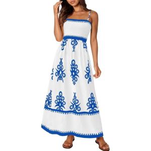 imagePRETTYGARDEN Summer Dress for Women 2025 Floral Sundress Spaghetti Strap Flowy Beach Vacation Boho Maxi DressesWhite Blue Floral