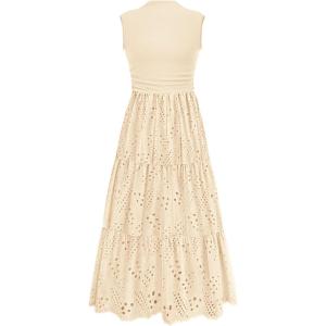 imagePRETTYGARDEN Summer Dresses for Women 2025 Casual Eyelet Sleeveless Wedding Guest Maxi Dress Tank Top Sundress with PocketsBeige