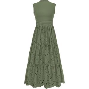 imagePRETTYGARDEN Summer Dresses for Women 2025 Casual Eyelet Sleeveless Wedding Guest Maxi Dress Tank Top Sundress with PocketsGreen