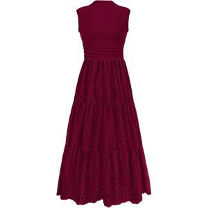 imagePRETTYGARDEN Summer Dresses for Women 2025 Casual Eyelet Sleeveless Wedding Guest Maxi Dress Tank Top Sundress with PocketsJujube Red