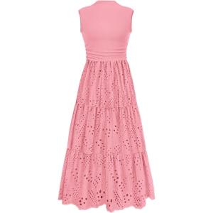 imagePRETTYGARDEN Summer Dresses for Women 2025 Casual Eyelet Sleeveless Wedding Guest Maxi Dress Tank Top Sundress with PocketsPink