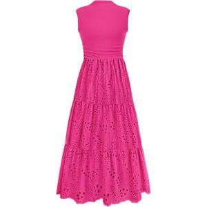 imagePRETTYGARDEN Summer Dresses for Women 2025 Casual Eyelet Sleeveless Wedding Guest Maxi Dress Tank Top Sundress with PocketsRose Red