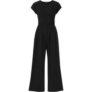 imagePRETTYGARDEN Summer Jumpsuits for Women Dressy 2025 Ribbed Cap Sleeve Wide Leg Pants Rompers Elegant Casual One Piece OutfitsBlack