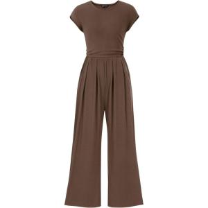 imagePRETTYGARDEN Summer Jumpsuits for Women Dressy 2025 Ribbed Cap Sleeve Wide Leg Pants Rompers Elegant Casual One Piece OutfitsCoffee