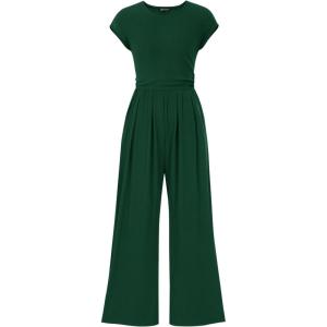 imagePRETTYGARDEN Summer Jumpsuits for Women Dressy 2025 Ribbed Cap Sleeve Wide Leg Pants Rompers Elegant Casual One Piece OutfitsDark Green