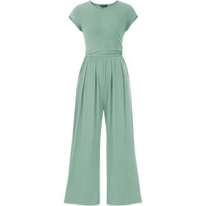 imagePRETTYGARDEN Summer Jumpsuits for Women Dressy 2025 Ribbed Cap Sleeve Wide Leg Pants Rompers Elegant Casual One Piece OutfitsGrey Green