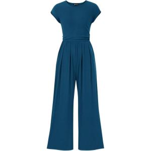 imagePRETTYGARDEN Summer Jumpsuits for Women Dressy 2025 Ribbed Cap Sleeve Wide Leg Pants Rompers Elegant Casual One Piece OutfitsLake Blue