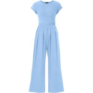 imagePRETTYGARDEN Summer Jumpsuits for Women Dressy 2025 Ribbed Cap Sleeve Wide Leg Pants Rompers Elegant Casual One Piece OutfitsLight Blue