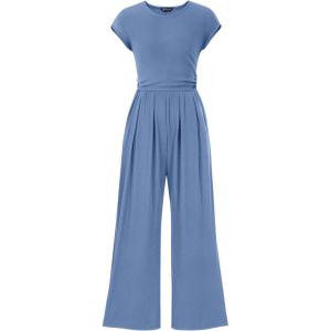 imagePRETTYGARDEN Summer Jumpsuits for Women Dressy 2025 Ribbed Cap Sleeve Wide Leg Pants Rompers Elegant Casual One Piece OutfitsLight Grey Blue