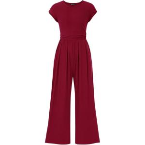 imagePRETTYGARDEN Summer Jumpsuits for Women Dressy 2025 Ribbed Cap Sleeve Wide Leg Pants Rompers Elegant Casual One Piece OutfitsWine Red