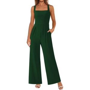 imagePRETTYGARDEN Summer Sleeveless Jumpsuits for Women Dressy Square Neck Wide Leg Pants Knit One Piece Rompers Fashion ClothingGreen