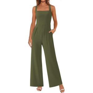 imagePRETTYGARDEN Summer Sleeveless Jumpsuits for Women Dressy Square Neck Wide Leg Pants Knit One Piece Rompers Fashion ClothingLight Army Green