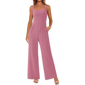 imagePRETTYGARDEN Summer Sleeveless Jumpsuits for Women Dressy Square Neck Wide Leg Pants Knit One Piece Rompers Fashion ClothingPink
