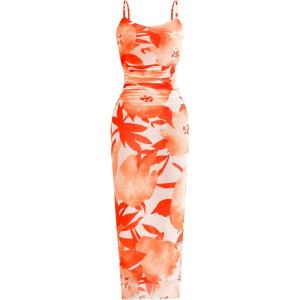 imagePRETTYGARDEN Summer Wedding Guest Dresses for Women 2025 Spaghetti Strap Mesh Bodycon Beach Floral Maxi Long DressesFloral Light Orange