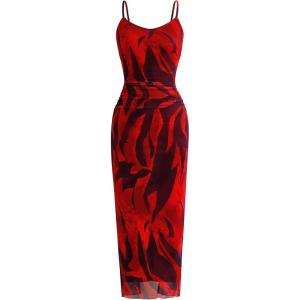 imagePRETTYGARDEN Summer Wedding Guest Dresses for Women 2025 Spaghetti Strap Mesh Bodycon Beach Floral Maxi Long DressesFloral Red