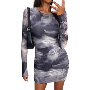 imagePRETTYGARDEN Women Long Sleeve Mini Fall Dress 2025 Tie Dye Print Bodycon Cocktail Party Club Outfits Homecoming DressesGray Floral