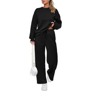 imagePRETTYGARDEN Womens 2 Piece Outfits 2025 Fall Long Sleeve Sweatshirt Wide Leg Pants Lounge Sets Winter Sweatsuits TracksuitBlack