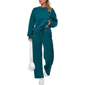 imagePRETTYGARDEN Womens 2 Piece Outfits 2025 Fall Long Sleeve Sweatshirt Wide Leg Pants Lounge Sets Winter Sweatsuits TracksuitBlue Green