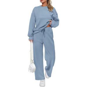imagePRETTYGARDEN Womens 2 Piece Outfits 2025 Fall Long Sleeve Sweatshirt Wide Leg Pants Lounge Sets Winter Sweatsuits TracksuitLight Blue