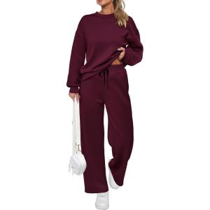imagePRETTYGARDEN Womens 2 Piece Outfits 2025 Fall Long Sleeve Sweatshirt Wide Leg Pants Lounge Sets Winter Sweatsuits TracksuitWine Red