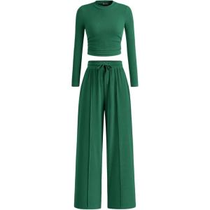 imagePRETTYGARDEN Womens 2 Piece Sets 2025 Fall Long Sleeve Crop Tops Wide Leg Pants Matching Outfit Tracksuits Fashion ClothingGreen