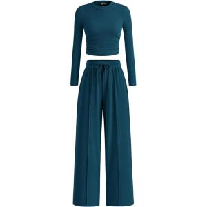 imagePRETTYGARDEN Womens 2 Piece Sets 2025 Fall Long Sleeve Crop Tops Wide Leg Pants Matching Outfit Tracksuits Fashion ClothingLake Blue