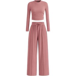 imagePRETTYGARDEN Womens 2 Piece Sets 2025 Fall Long Sleeve Crop Tops Wide Leg Pants Matching Outfit Tracksuits Fashion ClothingPink