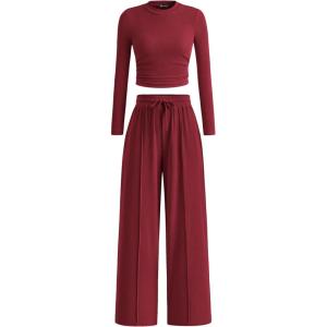 imagePRETTYGARDEN Womens 2 Piece Sets 2025 Fall Long Sleeve Crop Tops Wide Leg Pants Matching Outfit Tracksuits Fashion ClothingWine Red