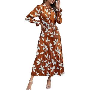 imagePRETTYGARDEN Womens 2025 Spring Fall Midi Dress Casual Long Sleeve V Neck Swiss Dot Pleated A Line Flowy DressesBrown Leaves
