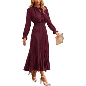 imagePRETTYGARDEN Womens 2025 Spring Fall Midi Dress Casual Long Sleeve V Neck Swiss Dot Pleated A Line Flowy DressesDark Wine Red