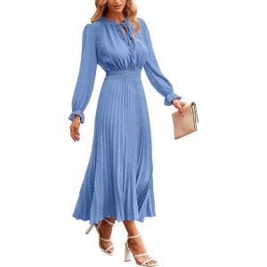 imagePRETTYGARDEN Womens 2025 Spring Fall Midi Dress Casual Long Sleeve V Neck Swiss Dot Pleated A Line Flowy DressesLight Blue