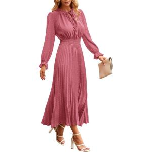 imagePRETTYGARDEN Womens 2025 Spring Fall Midi Dress Casual Long Sleeve V Neck Swiss Dot Pleated A Line Flowy DressesPink