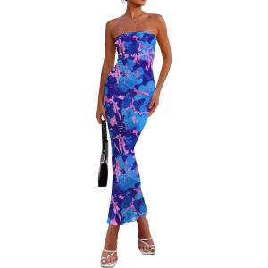 imagePRETTYGARDEN Womens 2025 Summer Floral Bodycon Maxi Dresses Ribbed Strapless Tube Casual Boho Party Long DressFloral Blue Pink