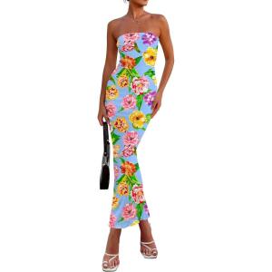 imagePRETTYGARDEN Womens 2025 Summer Floral Bodycon Maxi Dresses Ribbed Strapless Tube Casual Boho Party Long DressFloral Light Blue