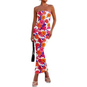 imagePRETTYGARDEN Womens 2025 Summer Floral Bodycon Maxi Dresses Ribbed Strapless Tube Casual Boho Party Long DressFloral White