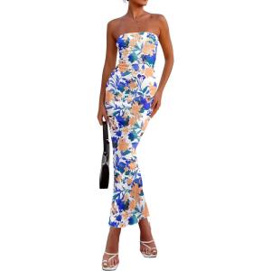 imagePRETTYGARDEN Womens 2025 Summer Floral Bodycon Maxi Dresses Ribbed Strapless Tube Casual Boho Party Long DressFloral White Blue