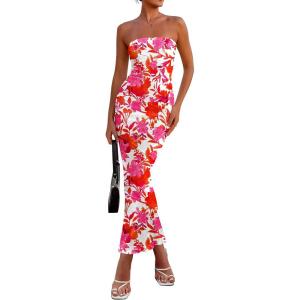 imagePRETTYGARDEN Womens 2025 Summer Floral Bodycon Maxi Dresses Ribbed Strapless Tube Casual Boho Party Long DressFloral White Pink